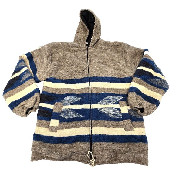 Guatemalan 100% Wool Hooded Zip Jacket Mens Large Gray Blue Lined Aztec Baja - Picture 1 of 16